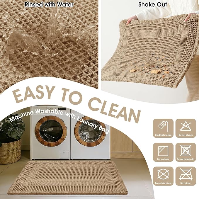 Upgraded Waffle Bath Mat Set 3 Piece Beige-Looped, Super Absorbent Non-Slip Quick Dry Bathroom Rugs with Tassels, Machine Washable Ultra Soft Boho Bath Rugs for Floor, Toilet Mats Boho Farmhouse Decor