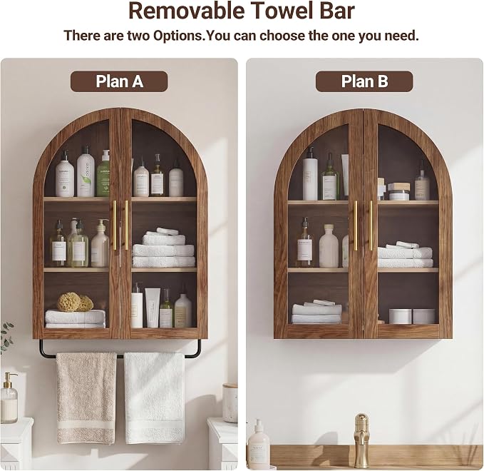 Seang Bathroom Arched Wall Cabinet,23.6" Modern Medicine Cabinet with Towel Bar and Adjustable Shelf,Over The Toilet Wall Storage Cabinet for Laundry Room,Living Room,Kitchen,Walnut