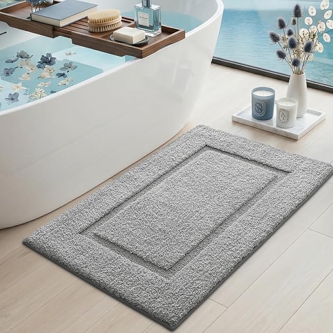 DEXI Bath Mat 43x24, Absorbent and Non Slip Bathroom Rugs, Light Grey | Soft Plush Microfiber Bathmat, Machine Washable & Quick Dry, Rubber Back Rug for Shower, Tub, Sink