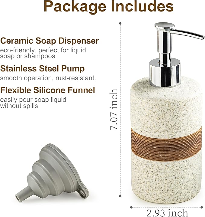 Ceramic Hand Soap Dispenser for Kitchen and Bathroom, Pump Bottle | Refillable Shampoo and Conditioner Dispenser | Lotion and Body Wash Dispenser with Stainless Steel Pump, Funnel, 12OZ White