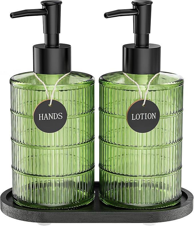 Green Glass Soap and Lotion Dispenser Set with Tray by Brighter Barns - Liquid Hand Soap Dispenser and Pump - Bamboo Bathroom Accessories & Modern Bathroom Decor (Green)