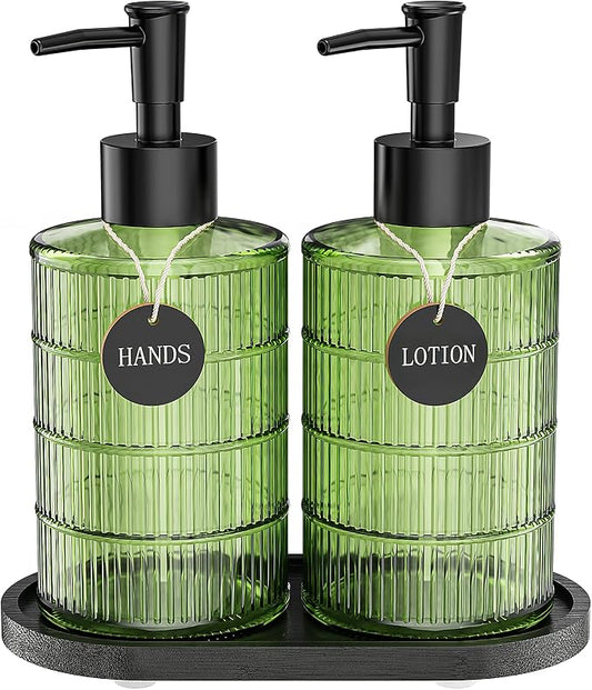 Green Glass Soap and Lotion Dispenser Set with Tray by Brighter Barns - Liquid Hand Soap Dispenser and Pump - Bamboo Bathroom Accessories & Modern Bathroom Decor (Green)