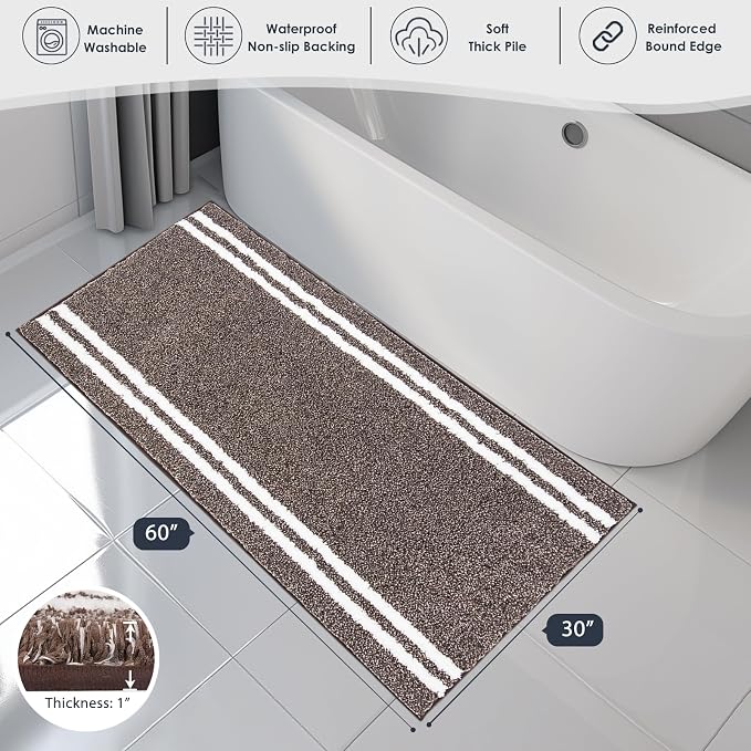 PURRUGS Bathroom Rug, Bath Mat, 30" x 60", Brown | Machine Washable, Non-Slip, Waterproof TPR Backing, Super Absorbent, Quick Dry, Bath Rug for Shower, Bathtub, and Sink