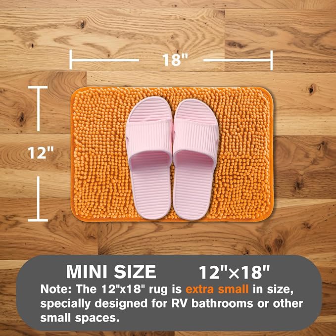 Small Bathroom Rug 12"x18" – Washable and Absorbent Bath Mat, Non Slip, Thick Soft Chenille Bath Rugs for Bathroom, Shower, Sink, Dog mat(Flame Orange)