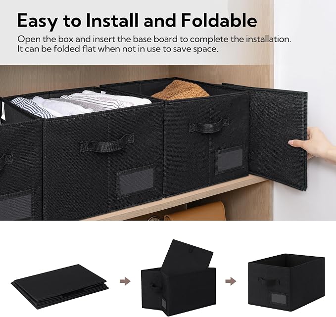 GRANNY SAYS Closet Storage Bins with Label, Black, Large, 3-Pack | Storage for Closet Shelves, Fabric Storage Bins for Clothes, Closet Organization Bins, Collapsible Storage Bins with Handles