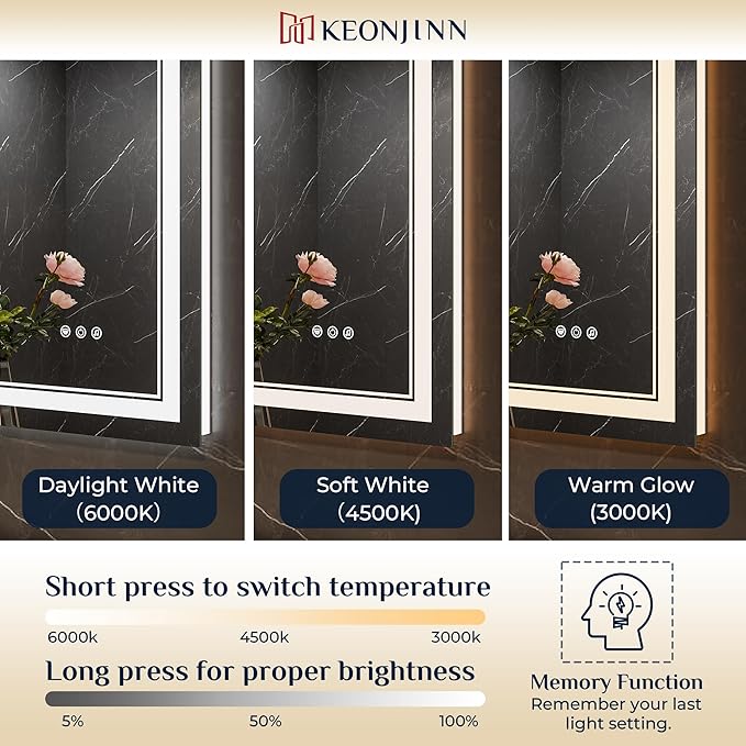 Keonjinn 32 x 36 Inch LED Bathroom Mirror with Lights, Frontlit & Backlit | Bluetooth Speaker, Bluetooth Mirror Bathroom, Stepless Dimmable 3-Color Lights, Tempered Glass, Fast & Safe Defogging, CRI90+