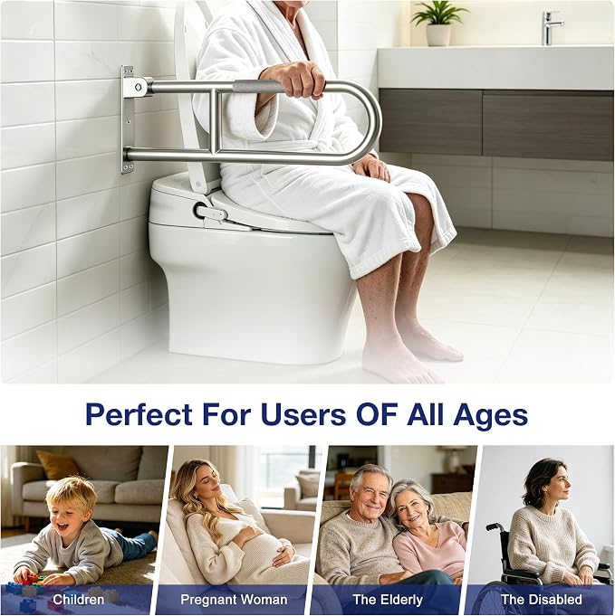 24 Inch Toilet Grab Bar-304 Stainless Steel Flip Up Handrail | Anti-slip grip| Brushed finish | Wall mount | Space saving fold up design | Template & hardware included