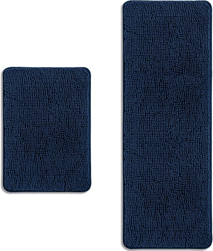Bathroom Rugs Sets 2 Piece – Absorbent and Washable Bath Mat, Non-Slip, Thick Soft Chenille Bath Rugs for Bathroom Floor, Shower, Sink(17" x 24"+17" x 47", Navy Blue)