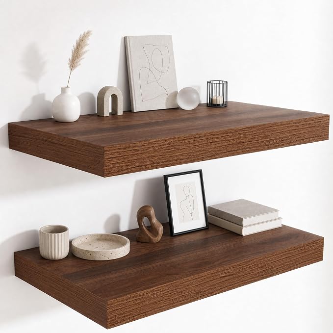 12 Inch Deep Floating Shelves for Wall, 24 Inch Wide Wall Shelves Set of 2, 2 Inch Thick Heavy Duty Invisible Wall Mounted Shelves for Kitchen Living Room,Walnut Color