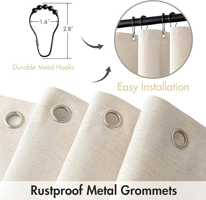 MIULEE 72 x 84 Extra Long Linen Shower Curtain Cream Beige 12 Metal Hooks | Washable, Fabric Shower Curtain, Waterproof Neutral Thick Cloth Shower Curtain, Bathroom Hotel Bathtub