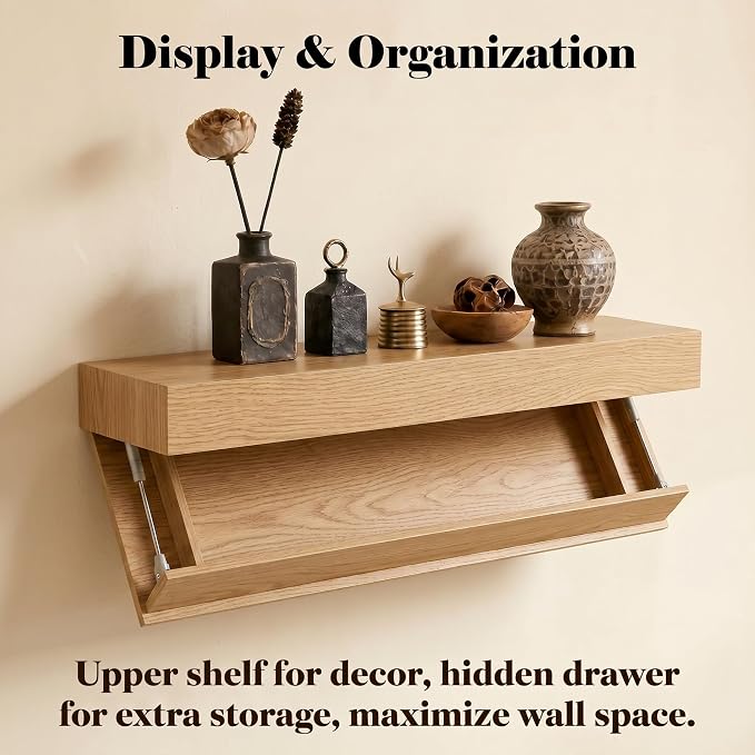 Floating Hidden Shelves for Wall with Concealed Storage Drawer, Hidden Shelf Night Stand with Secret Compartment, for Home Office Living Room, Wood