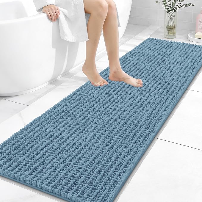 OLANLY Bathroom Runner Rugs 59x20, Thick Soft Absorbent Chenille Bath Rugs | Airy Blue, Quick-Drying Rubber Backing, Long Shaggy Bath Mat, Washable for Floor, Tub and Shower, Home Decor Accessories