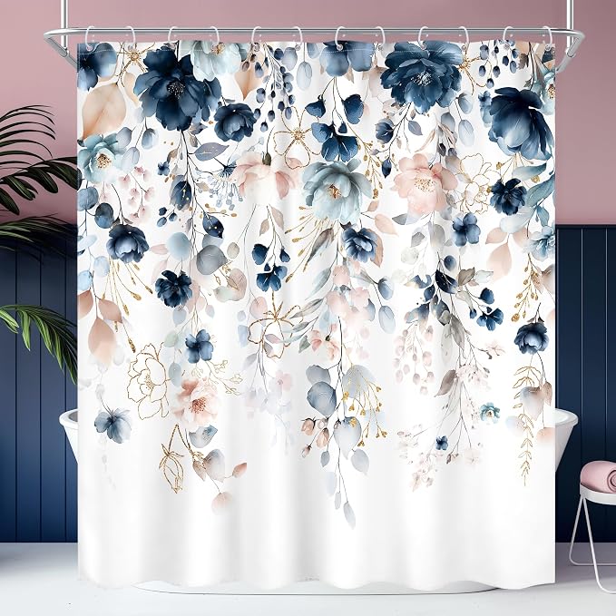 Blue Floral Flower Shower Curtain Cute Navy Flower Pastel Shower Curtain | 72Wx72L Inch Watercolor Plant Eucalyptus Leaf Girly Rustic Country 72Wx72L Inch Bath Bathtub Set Accessories Home Decor