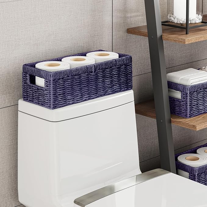 Wicker Storage Basket, Paper Rope Wicker Baskets with Handles, Toilet Paper Basket for Toilet Tank Top, Small Wicke Baskets for Organizing Shelves, 2-Pack, Purple