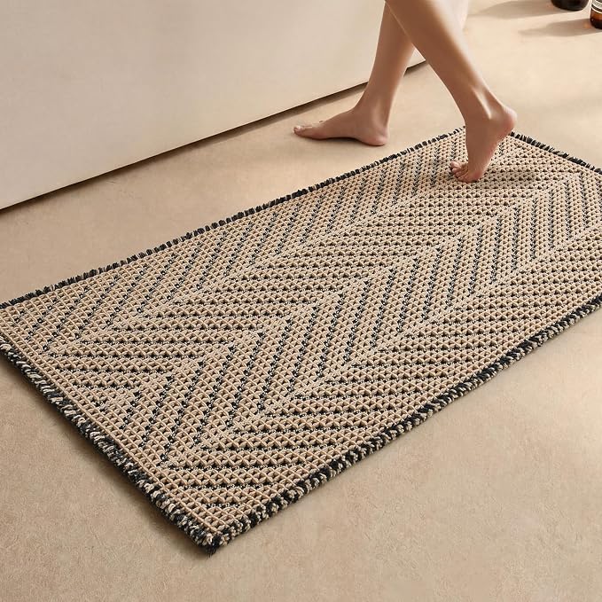 Sunfly Waffle Bath Mat, Boho Bathroom Rugs Non Slip Washable Super Absorbent Quick Dry Bath Mat Farmhouse Bathroom Decor, 24"x48" Black &Khaki
