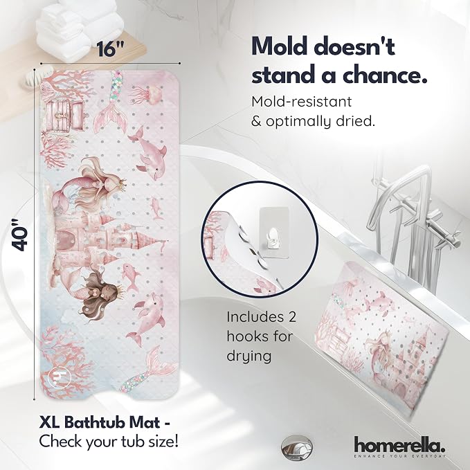 homerella Bathtub Mat Non Slip Kids 35x16 Baby Bath Mat Non Slip Anti Mold | 100% BPA Free, Non Toxic, Mildew Resistant, Machine Washable, Extra Long Kids Bath Mat for Tub Non Slip, Toddler Bath Mat