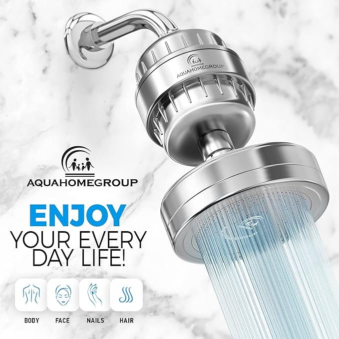 AquaHomeGroup Filtered Shower Head, Chrome, 20+3-Stage, 2 Cartridges | filtered shower head, chrome finish, 20+3-stage filtration, reduces chlorine and odor, high output, wall mounted