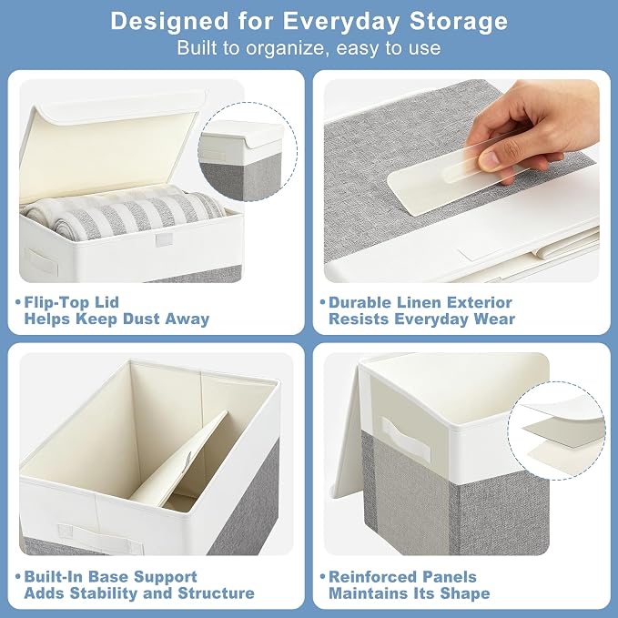 Large 17" 42 Quarts Collapsible Stackable Storage Bins with Lids [3-Pack] Foldable Fabric Linen Storage Boxes Cube, Closet Organizer Baskets with Label (16.7 x 12 x 12, Gray & White)