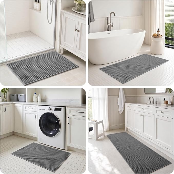 tchdio Bath Mat, Absorbent Bathroom Mat Quick Dry, Thin Bathroom Rugs Fit Under Door, Non Slip Washable Bath Rugs with Solid Rubber Backing, Low Profile Bath Mats for Bathroom, Grey, 16" x 24"