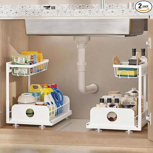 Under Sink Organizer, 2 Pack Under Kitchen Cabinet Organizer, Height Adjustable Pull Out Mute Slide-Out 2 Tier Metal Under Sink Storage for Bathroom, Pantry, Kitchen & Bedroom (White, 2 Pack)