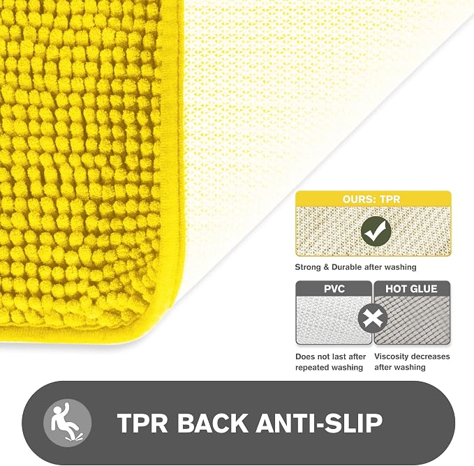 Yellow Bathroom Rug – Absorbent and Washable Bath Mat, Non-Slip, Thick Soft Chenille Bath Rugs for Bathroom Floor, Shower, Sink - 17" x 24"