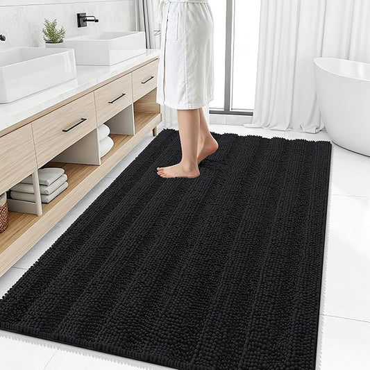 Smiry Thick Chenille Large Bathroom Runner Rugs 50x30, Soft Bath Mat, Black | Quick‑Dry & Machine Washable, Non‑Slip Bath Carpet, Striped Bath Rugs for Tub & Shower, Modern Home Decor Accessories