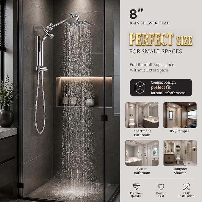 Veken All Metal 8" Luxurious Rain Shower Head with Handheld,High Pressure | Dual Shower Heads Spray,Power Wash Wand,Detachable Showerhead Combo,Small Square Adjustable Rainfall ,Spa-like,Chrome,Silver