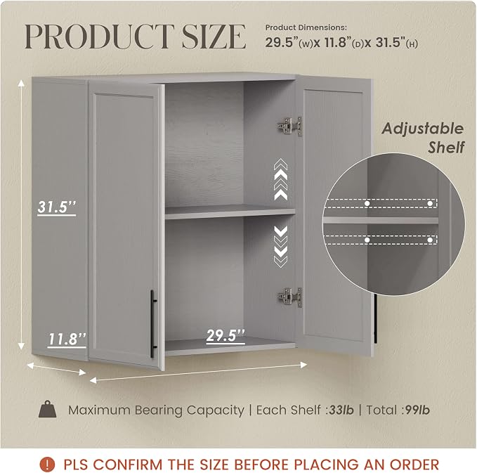 FIMELLO 30" Laundry Room Cabinets Wall Mounted, Wall Cabinets for Laundry Room, Kitchen Wall Cabinet with Adjustable Shelf, Shaker Wall Cabinet for Bathroom, Ashen Gray