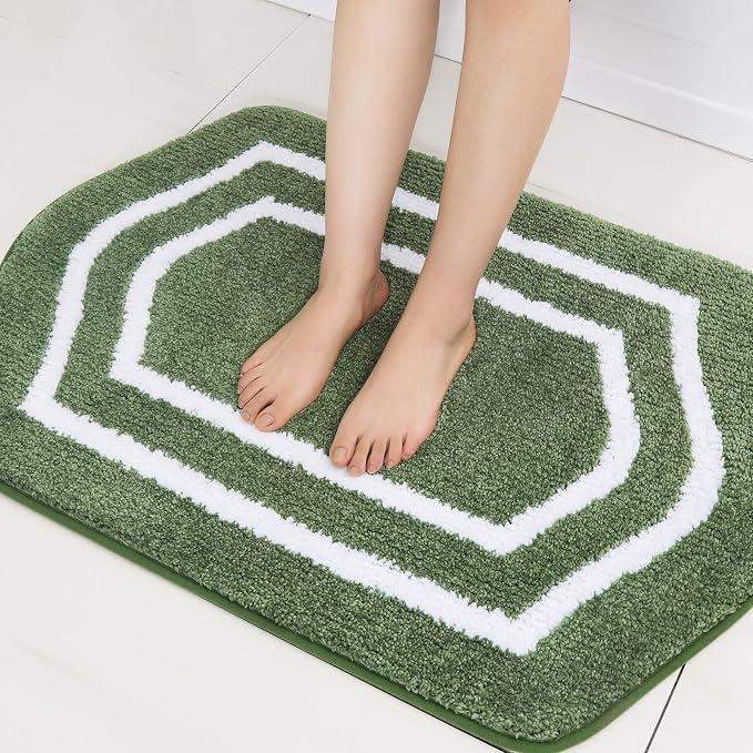 COSY HOMEER Non-Slip Bath Mat Extra Thick Absorbent Plush Washable | 24"x36" White/Green Non-Slip Extra Thick Plush Absorbent Machine Washable Bath Mat Bathroom Rug Floor Tub Shower
