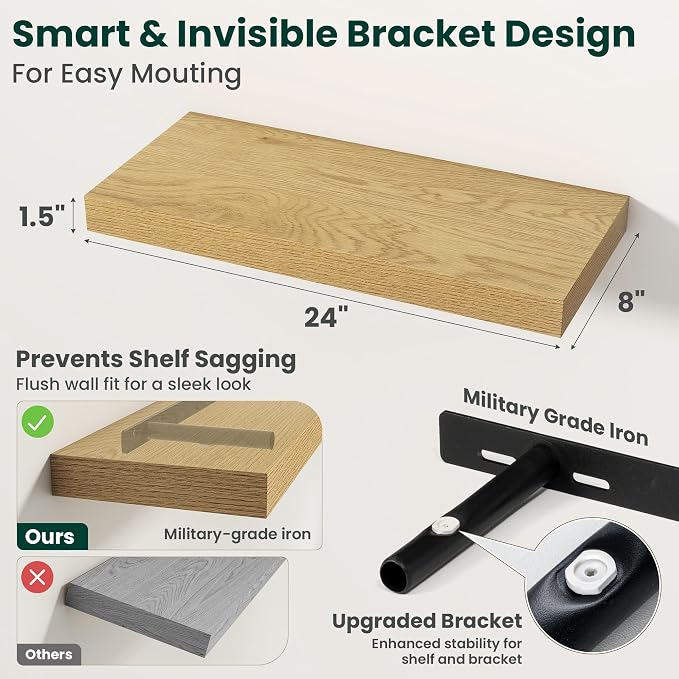 Floating Shelves for Wall, 24 Inch x 8 Inch Deep Wall Mounted Wood Shelf with Invisible Brackets for Storage & Display, Living Room Bedroom Kitchen, Oak, Set of 2