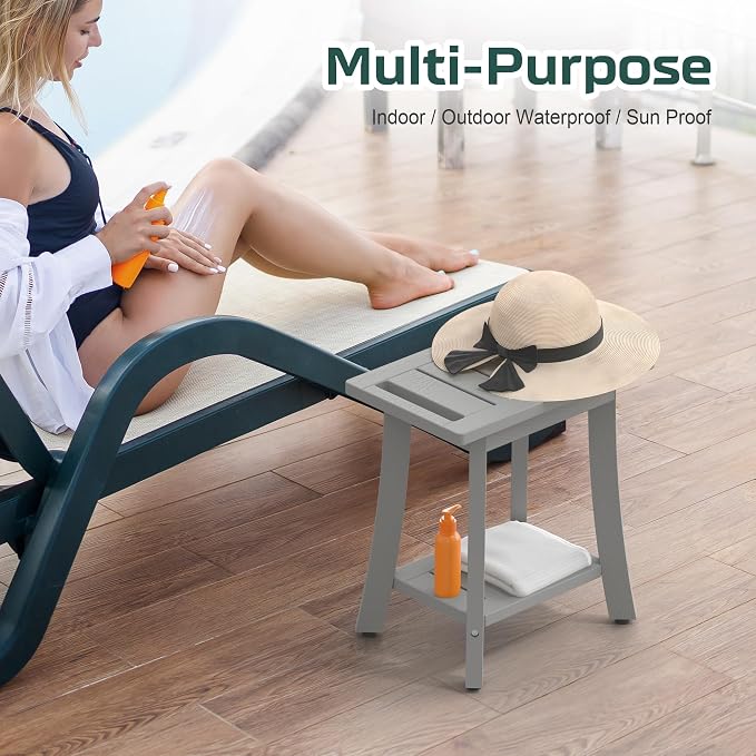 Waterproof HIPS Shower Bench for Inside Shower, Shower Stool, Grey | For seating and leg shaving, Wood-Look texture, Easy care, Non-slip leveling feet, Storage shelf, Indoor/Outdoor use, 350 lb