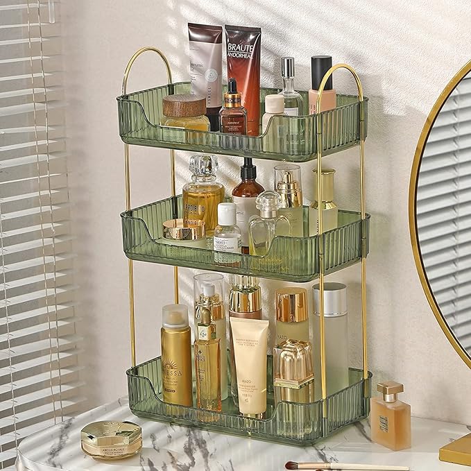 3 Tier Bathroom Counter Organizer Countertop Storage, Cosmetics Skincare Shelf Organizer, Makeup Organizer Perfume for Dresser Vanity Tray, Spice Rack Organizer for Kitchen - Green