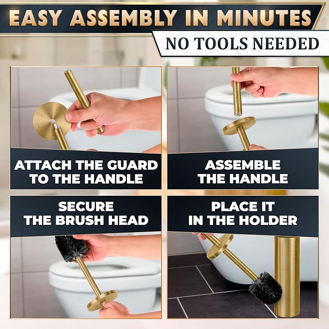 Toilet Bowl Brush with Holder, Stainless Steel Material, Replaceable Head | Gold Toilet Brush and Holder Set, Splash Protection & Dense Bristles for Bathroom Cleaning, Corrosion & Scratch Resistant
