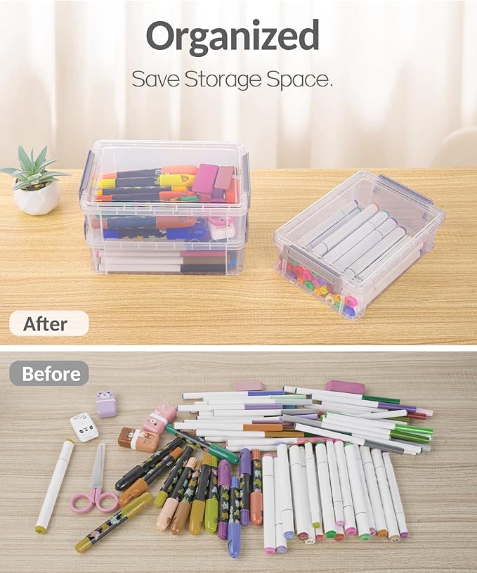 Sooez 6 Pack Extra Large Pencil Box, Plastic Pencil Case Crayon Box | Clear Marker Organizer Plastic Containers with Lid, Stackable Storage Boxes for Art Craft,Back to School Supplies, Pink