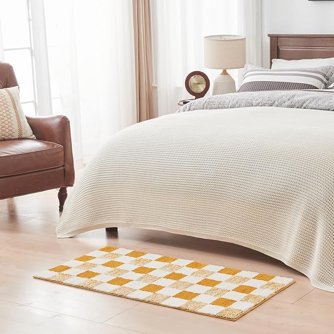 CozeCube Harvest Gold Checkered Bath Mat 47"x24" Non Slip Washable Rug | For Bathroom Non Slip, Fluffy Absorbent Microfiber Bath Mats Machine Wash, Stylish Long Aesthetic Bathroom Rugs