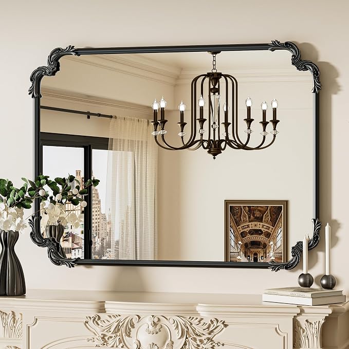 Baroque Antique Black Scroll Wall Mirror 40 x 30 Vintage Rectangle Framed Baroque French Rectangular Mirror for Mantle Fireplace Bathroom Living Room, Horizontal/Vertical