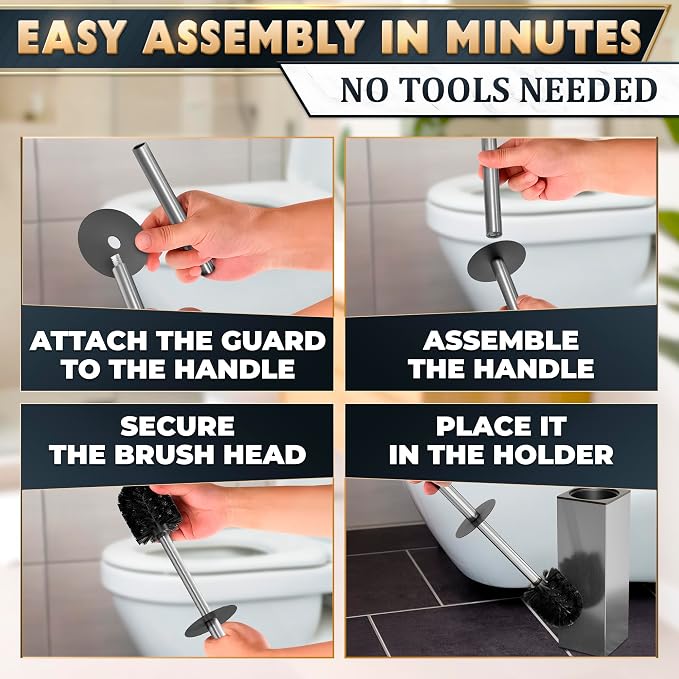Stainless Steel Toilet Brush and Holder Set, Square Shape (Silver) | Toilet Bowl Brush and Holder, Removable Inner Bowl, Dense Bristles, Long Handle, Scratch Resistant, for Modern Bathrooms