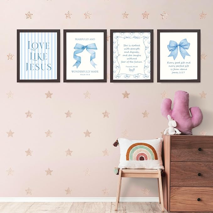LARTSFRO Coquette Blue Bow Jesus Wall Art Decor Posters, Light Blue Bow Room Bedroom Bathroom Dorm Wall Art Decor Aesthetic for College Teen Girls Gifts, Inspirational Bible Verses Bow Wall Decor, 10x8 Inch Set of 4 Bow Pictures (DARK FRAMED)