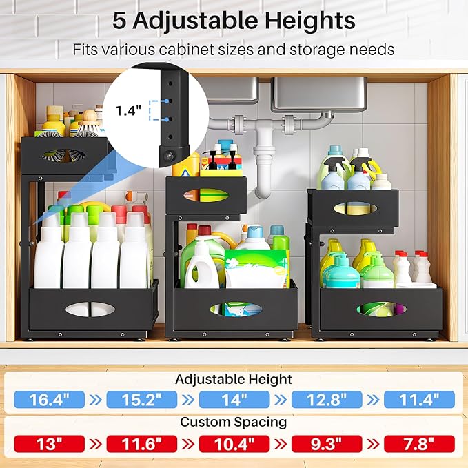 Under Sink Organizer, 2 Pack 2 Tier Pull Out Under Cabinet Organizer Shelf with Pad for Framed Cabinets, Metal Slide Out Under Sink Storage, Mesh Sliding Drawers for Kitchen Bathroom Laundry, Black