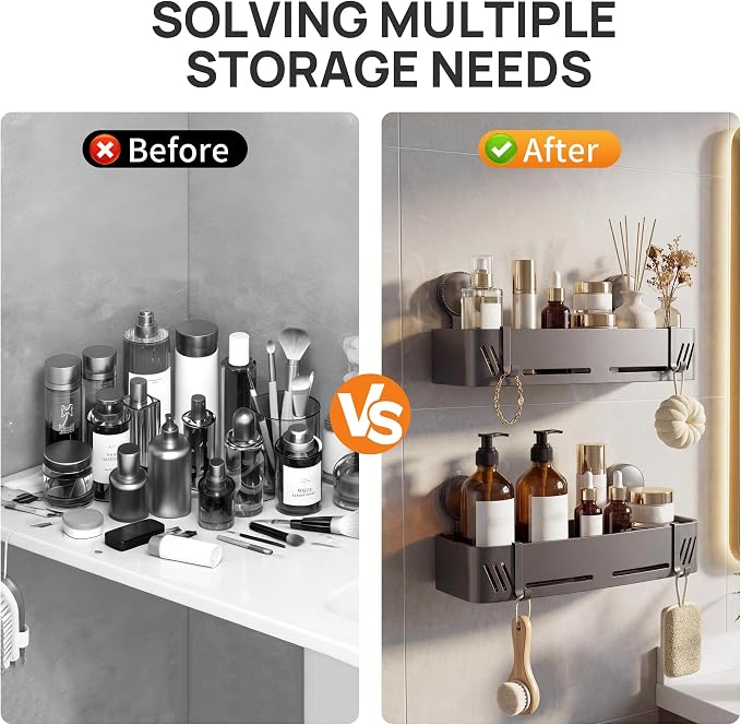 2-Pack Suction Cup Shower Caddy with Hooks, Gun Grey Aluminum | No-drill shower organizer for smooth non-porous surfaces, with hooks for shampoo, body wash, razors and bath accessories