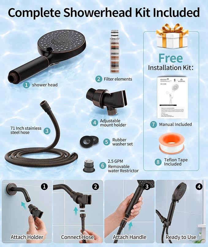 SR SUN RISE Filtered Shower Head with Handheld High Pressure 9 Spray Mode Showerhead Detachable Shower Head Water Softener Filters Beads for Hard Water Remove Chlorine 1 Filter ORB