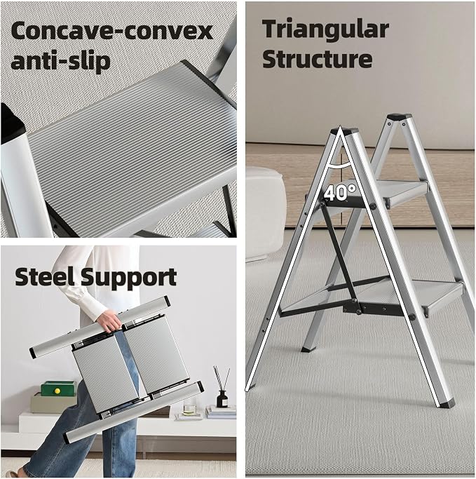 HillhutApex Aluminum Step Stool Foldable,2 Step Ladder (Silver) | Lightweight Portable step ladder with Anti-Slip Wide Pedal,330lbs Capacity Ladder for Household,Office,Kitchen