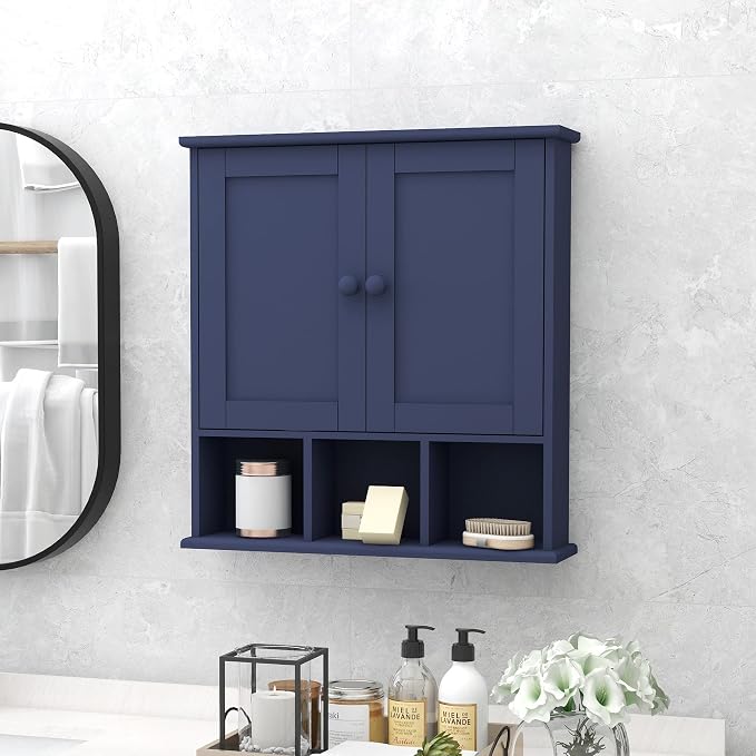 TaoHFE Blue Bathroom Over The Toilet Storage Cabinet | Wall Medicine Cabinet Organizer With 2 Door Adjustable Shelves,Wooden Modern Bathroom Shelves Wall Mounted Laundry Room