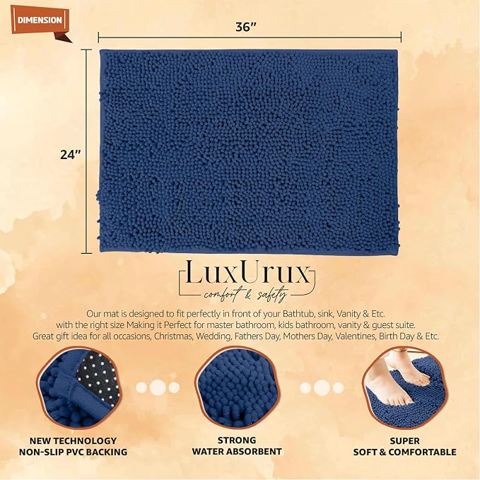 LuxUrux Ultra-Soft Chenille Bath Mat - Plush Microfiber Bathroom Rug, Super Absorbent & Quick-Dry, Cozy Shaggy Design, Machine Washable (24 x 36 inches, Blue)