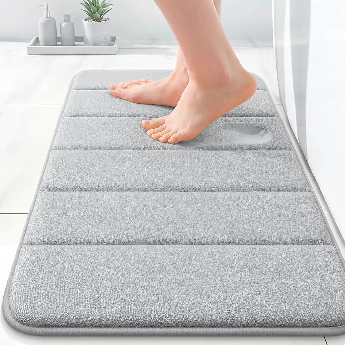 OLANLY Memory Foam Bath Mat 35x16, Super Soft and Absorbent Bathroom Rugs | Light Gray, Quick Dry Bath Rug, Machine Washable Shower Floor Mats, Bathmat Carpet for Bathroom Floor, Tub and Shower