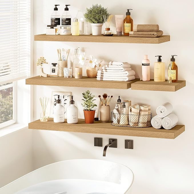 Vivelove Floating Shelves 9 inch Deep 48”Long Set of 1, Oak | Easy Install With Hardware, 1.5" Thick, Invisible Brackets, Wall Mounted, No Sagging, For Any Room