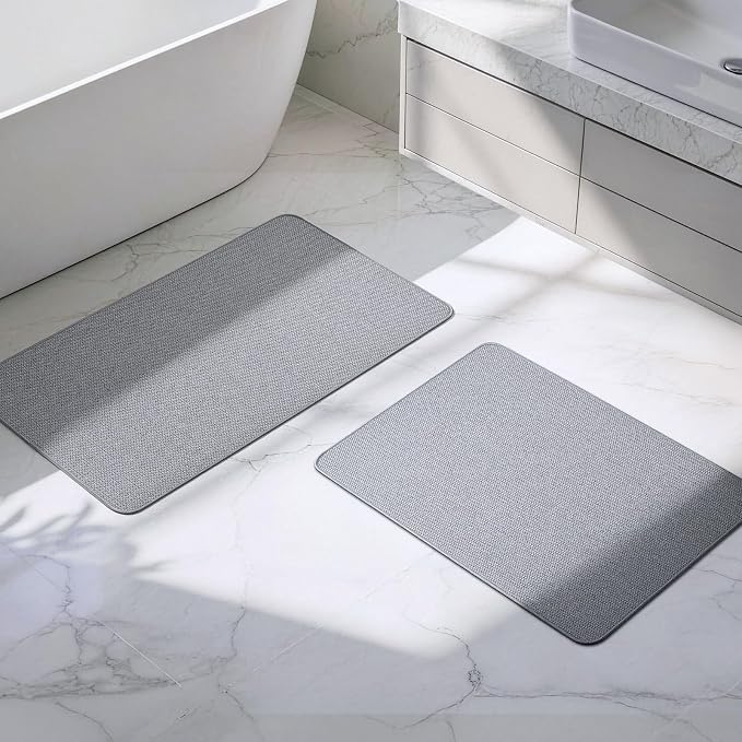 HOMTEB Bathroom Rugs Sets 2 Piece, Thin Bath Mat Absorbent Quick Dry, Machine Washable, Rubber Backing for Non Slip, Low Pile Cozy Cloth Bathroom Rug Set for Tub/Sink/Shower (27"x17" & 30"x19", Gray)