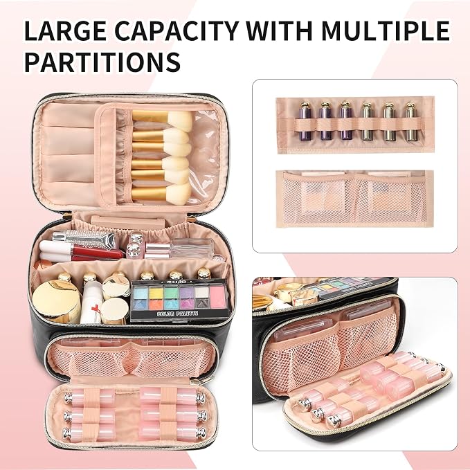 Makeup Bag, Multifunctional Make Up Bags with Zipper Pouch Large Compact Makeup Bag Organizer for Women Girls Cosmetics Toiletry Brushes Storage Makeup Case with Handle Divider-Black