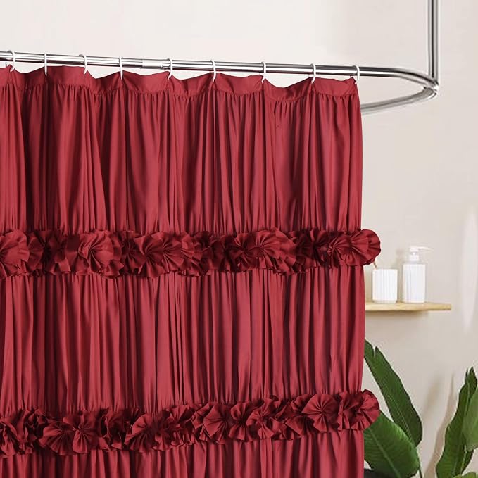 Burgundy Ruffle Shower Curtain, Vintage Handcrafted Bow Tie Bath Curtain for Master Bathroom, Ruched Microfiber Bathroom Curtain with 12 Buttonholes, 72" W x 72" H (LQ-10)