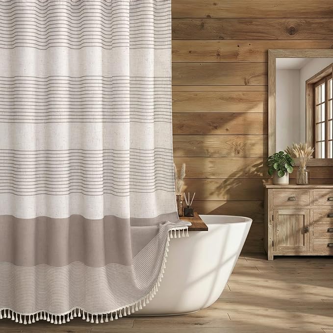 Taupe Farmhouse Linen Striped Shower Curtain with Tassel 72"W X 72"L | Boho Farmhouse Shower Curtains with Linen Texture for Bathroom Decor